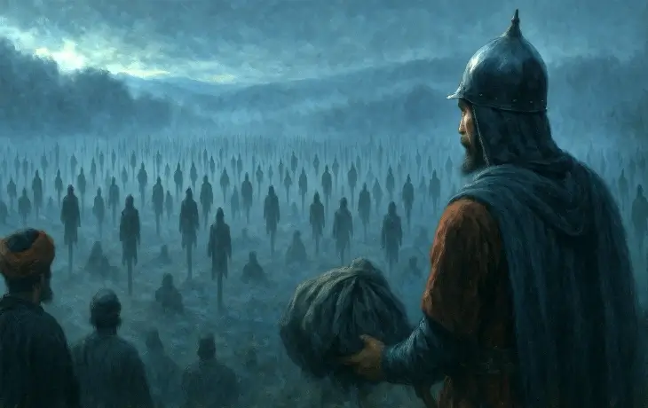 Sisli bir vadide yüzlerce kazığa geçirilmiş bedenin oluşturduğu “Kazıklı Orman” manzarasına bakan Osmanlı askerlerinin yer aldığı karanlık sahne.